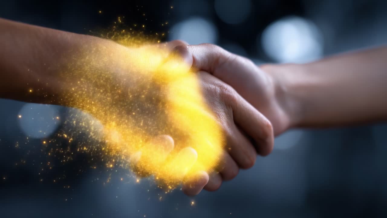 A Dynamic Handshake with Sparkling Energy Symbolizing Connection, Partnership, and Trust between Two Individuals in a Modern Context of Collaboration