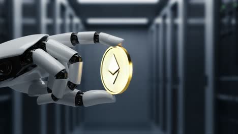a futuristic robotic hand grasping a digital currency coin in a sophisticated data center environment, showcasing the intersection of technology and finance