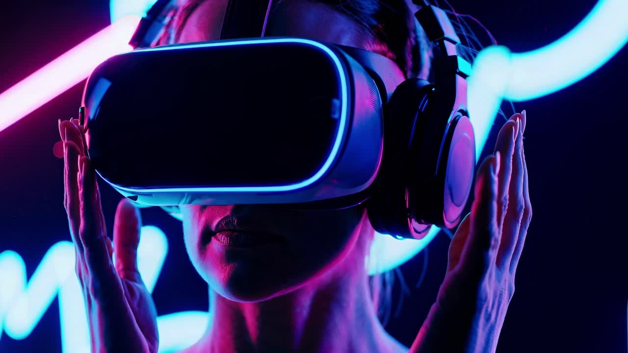 Close-up of a person wearing VR headset, bathed in neon lights