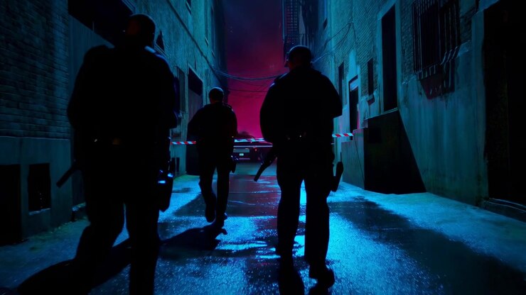 Una vista posteriore segue gli agenti che avanzano tra muri di mattoni di notte, mentre una luce blu e magenta inonda il vicolo, con terreno bagnato, finestre sbarrate e un'area transennata più avanti.