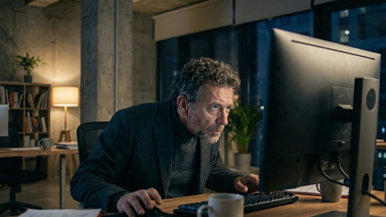 Man working on computer at home office workspace