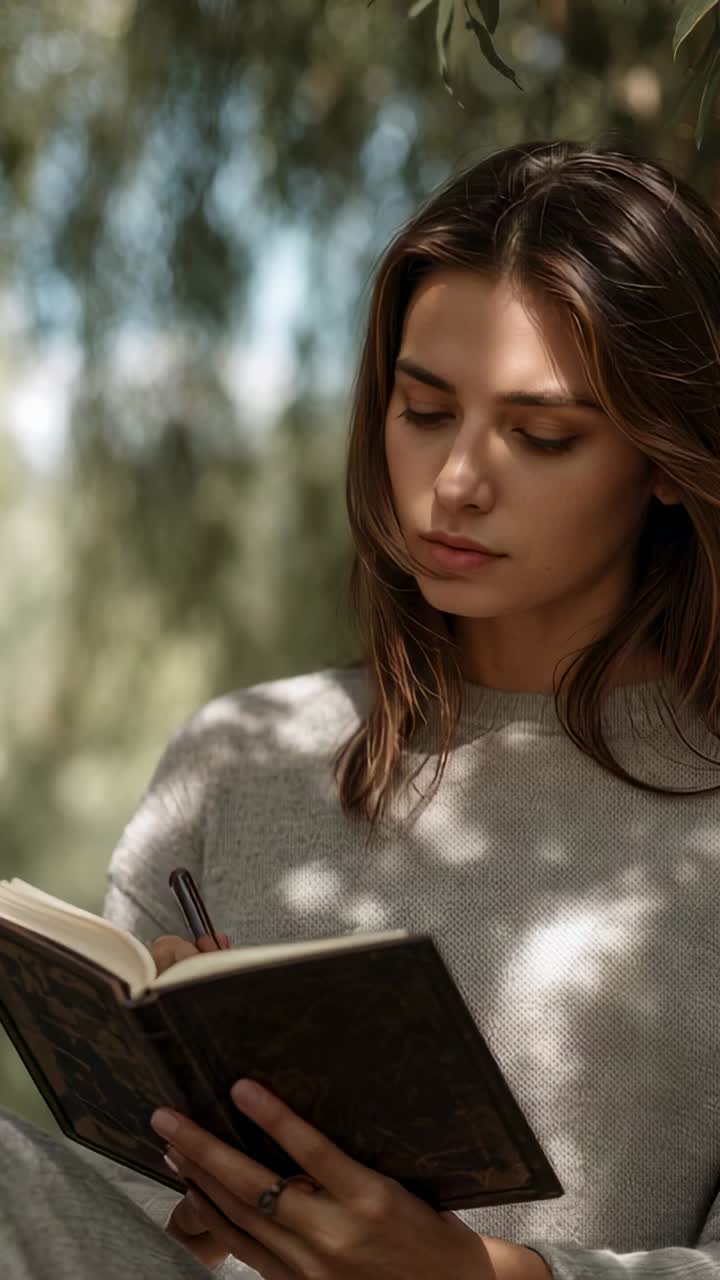 Vertical video: Opening notebook woman in gray knit holding pen writing and reading note under tree
