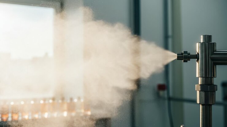 Primo piano di una sottile nebbia che fuoriesce da apparecchiature in acciaio inossidabile, che cattura l'essenza dell'ingegneria di precisione e della fluidodinamica in un ambiente di fabbrica