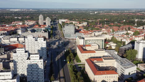 aerial shot of grunwald square and junction and the student dormitoriy buildings in the eastern cityscape of wroclaw, poland