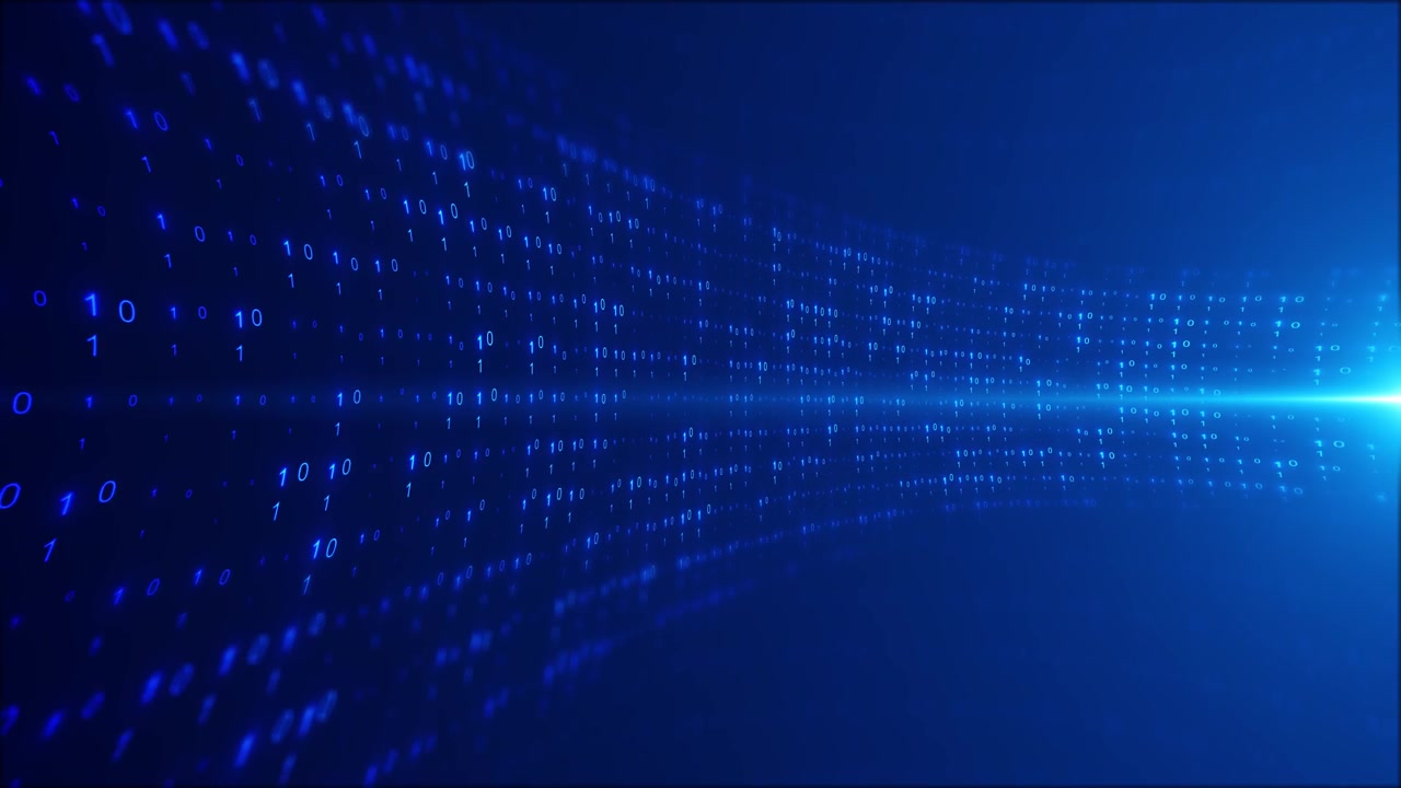 Blue binary data wall background with glowing ones and zeros bright lens flare and digital tunnel