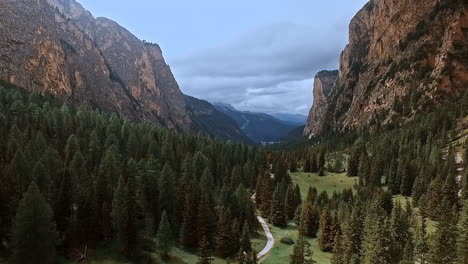 Antenne-Einer-Drohne,-Die-Ein-Wunderschönes-Bewaldetes-Tal-In-Den-Alpen-überquert