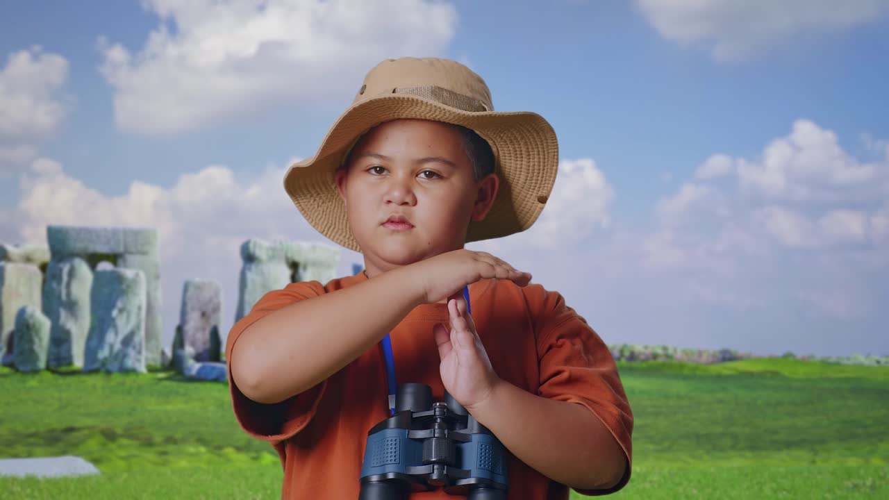 Asian Boy With A Hat And Binoculars Shaking Head Showing Time Out Gesture While Traveling In Stonehenge. Boy Researcher, Travel Tourism Adventure Concept, Close Up