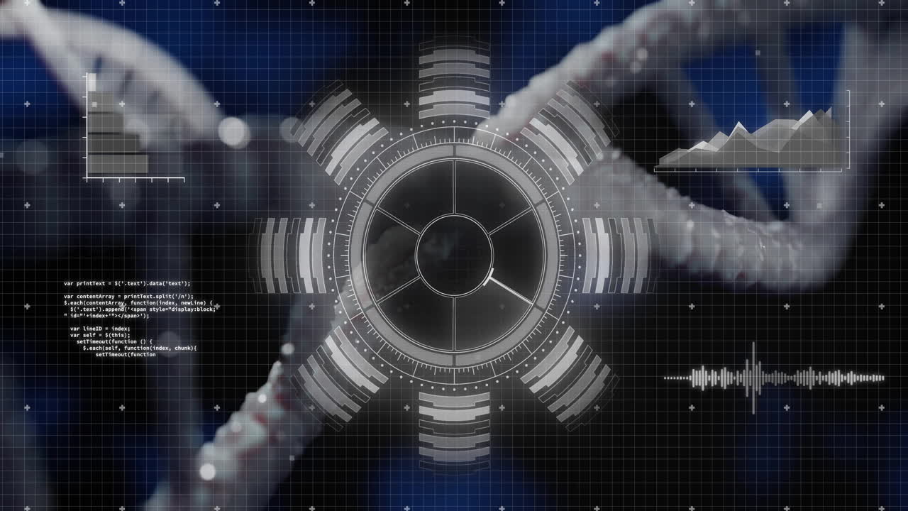 Animation of futuristic circular interface overlaying DNA strands on digital grid