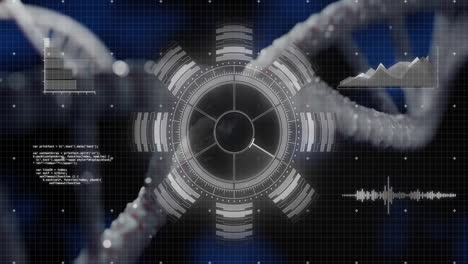 animation of futuristic circular interface overlaying dna strands on digital grid