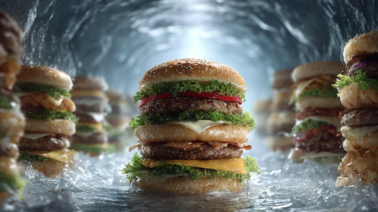 A Delicious Display of Towering Burgers Surrounded by an Icy Atmosphere, Showcasing Fresh Ingredients and Mouthwatering Flavors for Food Enthusiasts Everywhere