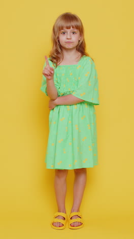 displeased upset child girl reacting to unpleasant awful idea dissatisfied shake finger no dismiss