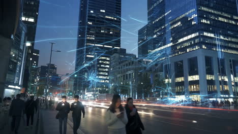 smart city digital network: people and data flow in an urban night scene