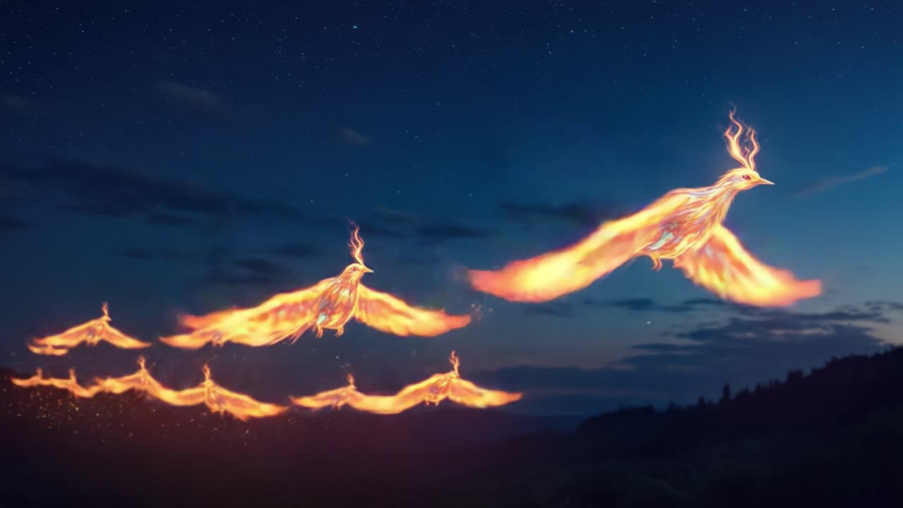 A mesmerizing transformation of fiery birds engulfed in flames soaring through a twilight sky, embodying freedom and transcendence in their majestic flight across the horizon