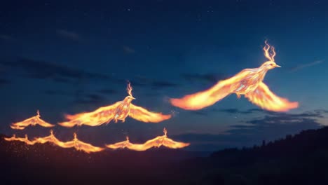 a mesmerizing transformation of fiery birds engulfed in flames soaring through a twilight sky, embodying freedom and transcendence in their majestic flight across the horizon