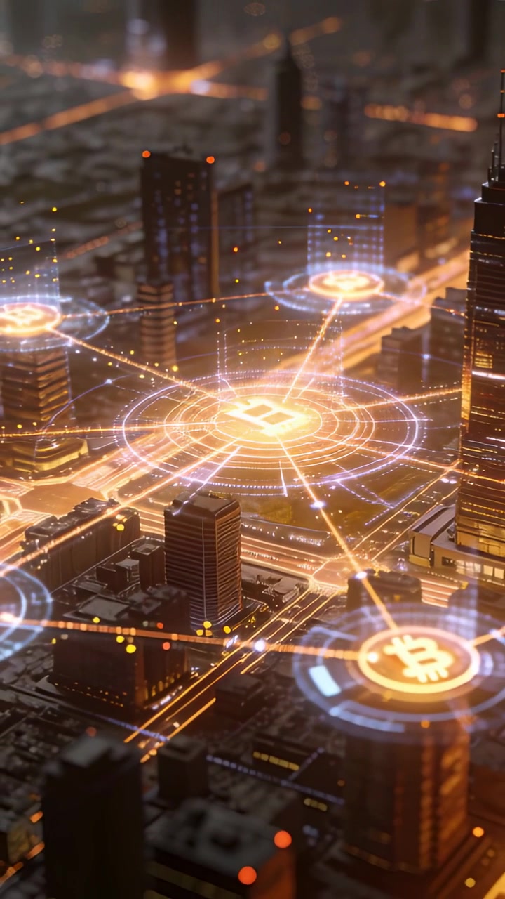Video verticale: Telecamera che scende rivelando un hub olografico sopra un isolato urbano, mostrando nodi di criptovalute.
