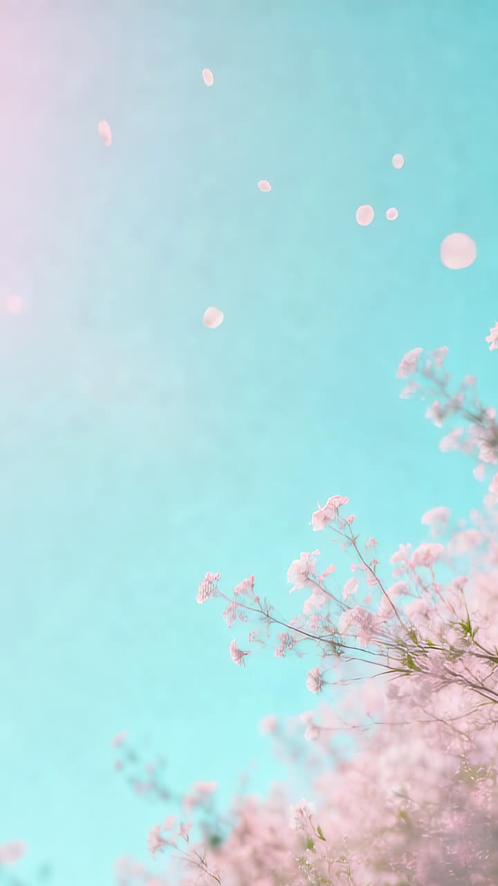 Vertical video: Light breeze sending petals as pink-bloom branch swaying under teal sky, copy space