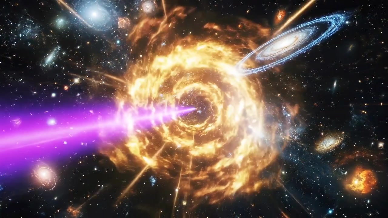 Potente energia cosmica che emette un raggio di luce viola