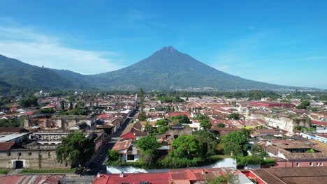 Aerial-view-of-Antigua-Guatemala-by-DJI-air2s-drone-above-the-city,-revealing-beautiful-architecture-and-landscape-of-the-city