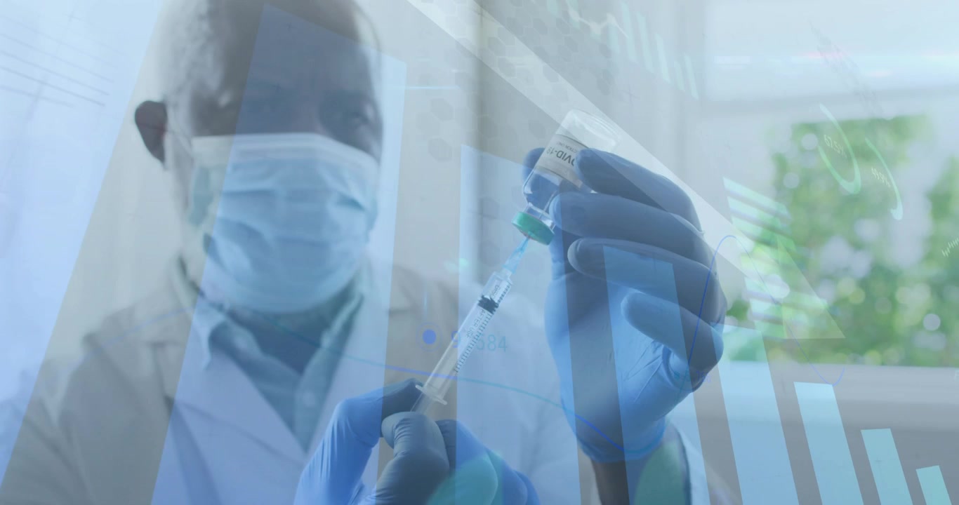 Doctor inserting needle into vaccine vial, drawing liquid for dosage with chart overlays