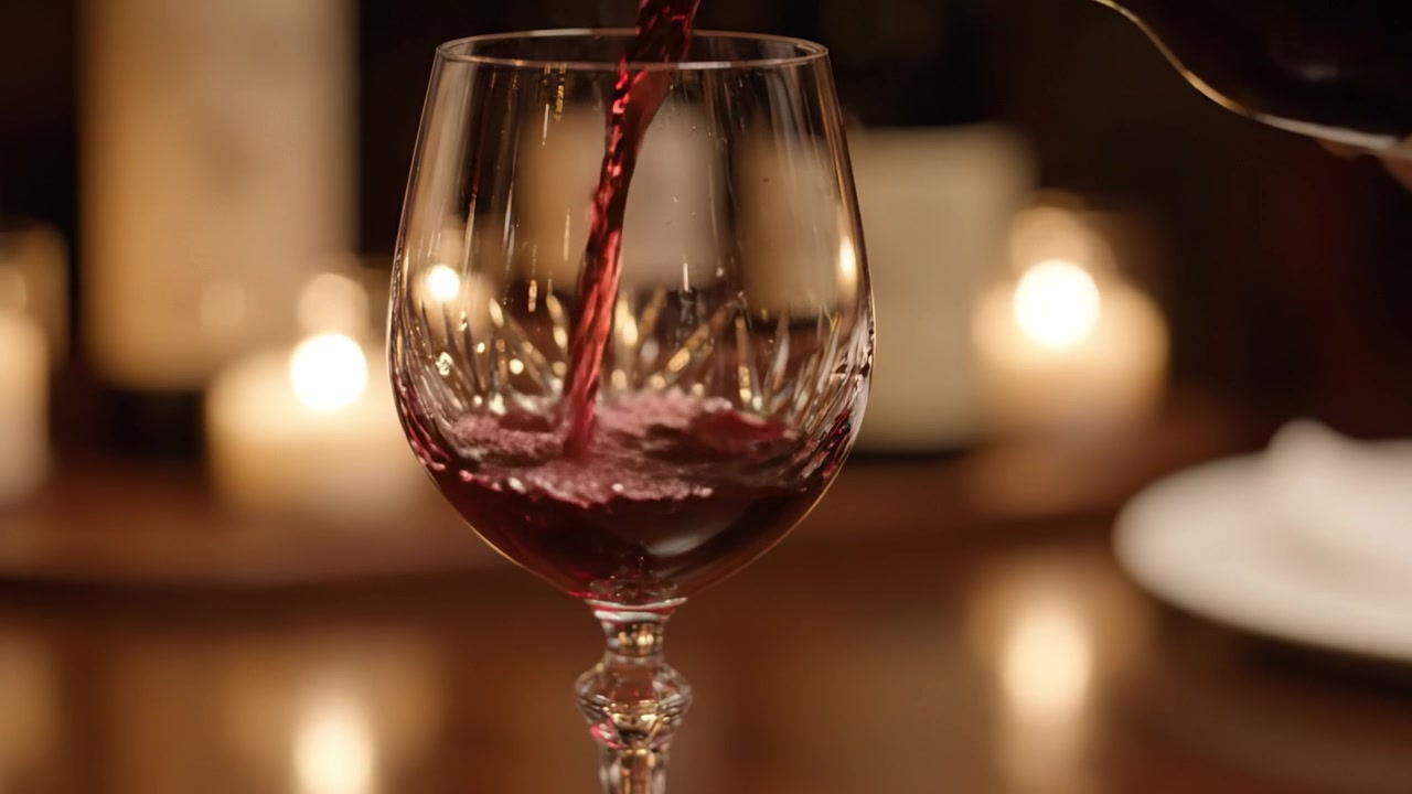 Un cautivador viaje del vino: el arte de servir en una copa de cristal rodeada de suave luz de velas, abrazando la elegancia y la celebración