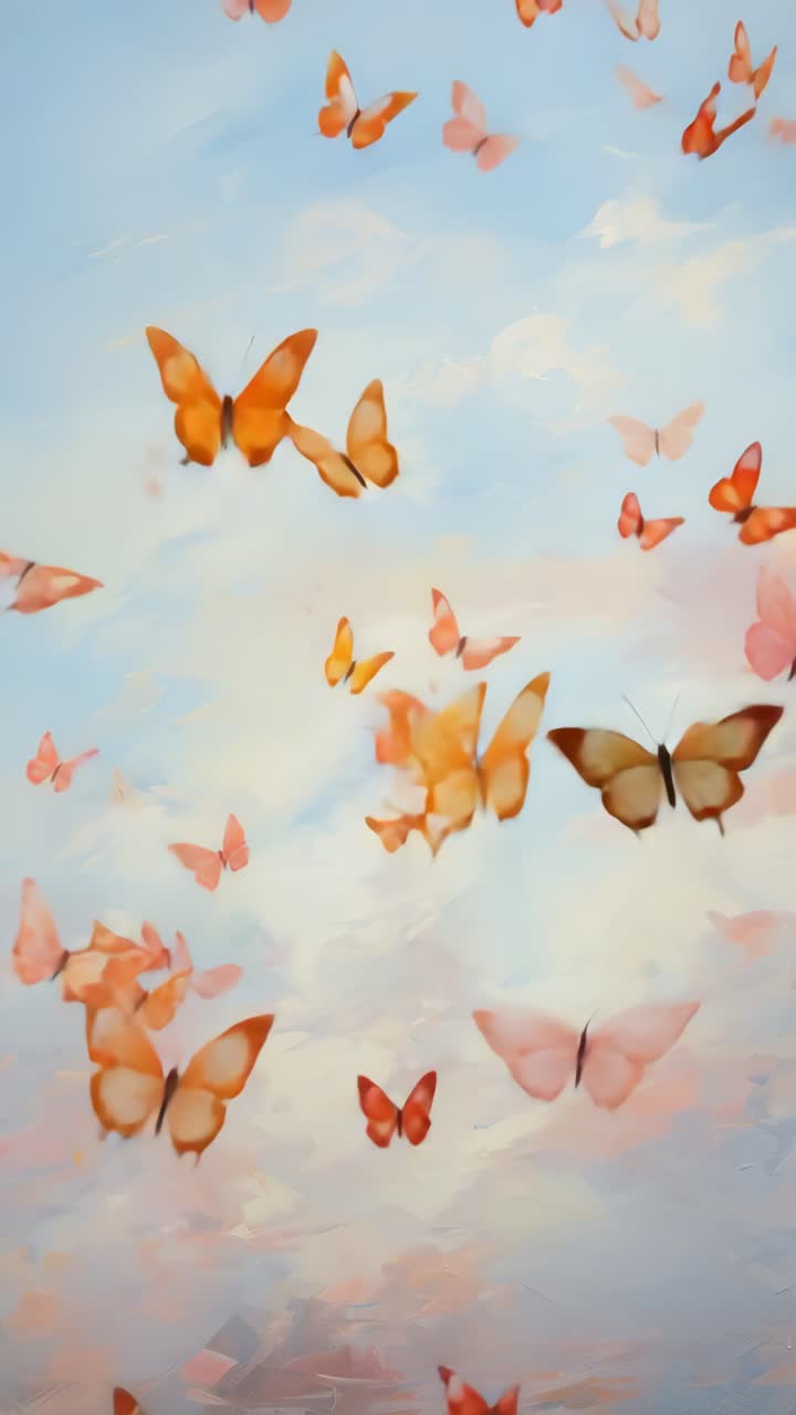 A dreamy video scene of butterflies in flight against a pastel sky, captured from a low angle