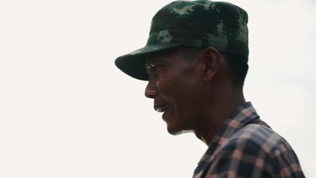 Man in Camouflage Cap Smiling