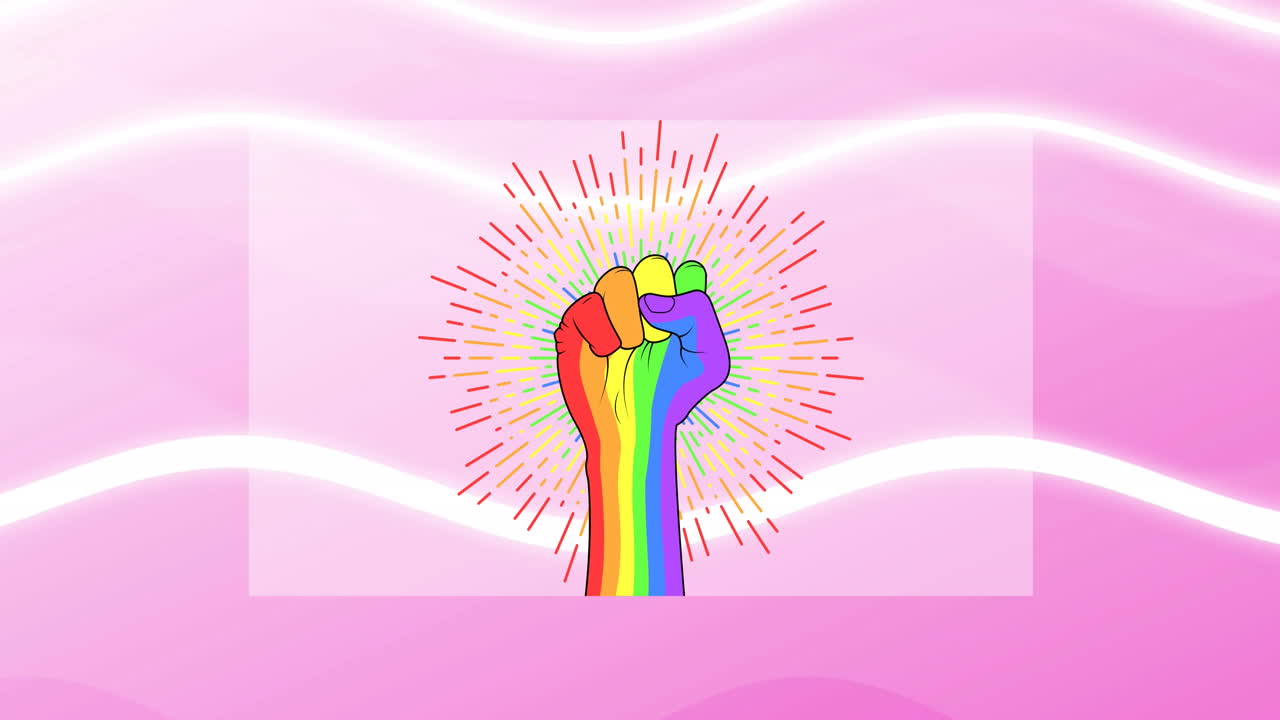 animación de puños de arco iris sobre un fondo rosado
