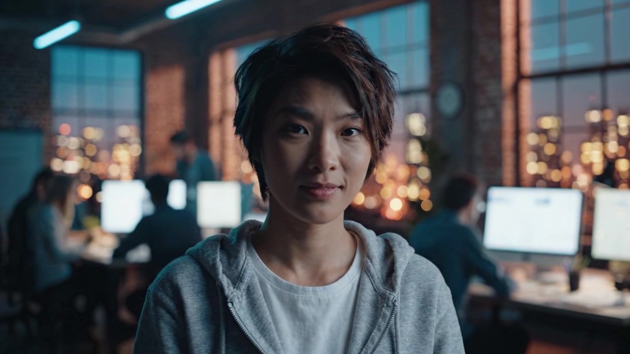 Una giovane donna in un accogliente spazio di lavoro urbano, che sorride con sicurezza, circondata da colleghi impegnati in una collaborazione creativa durante le ore notturne.