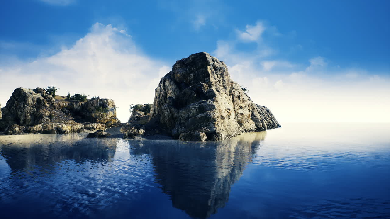 밝은 파란 하늘 아래의 바위 섬을 특징으로하는 경치 좋은 해안 풍경