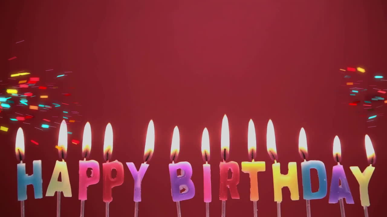 feliz cumpleaños velas con colorida animación de confeti sobre fondo rojo