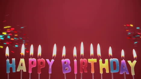 happy birthday candles with colorful confetti animation over red background