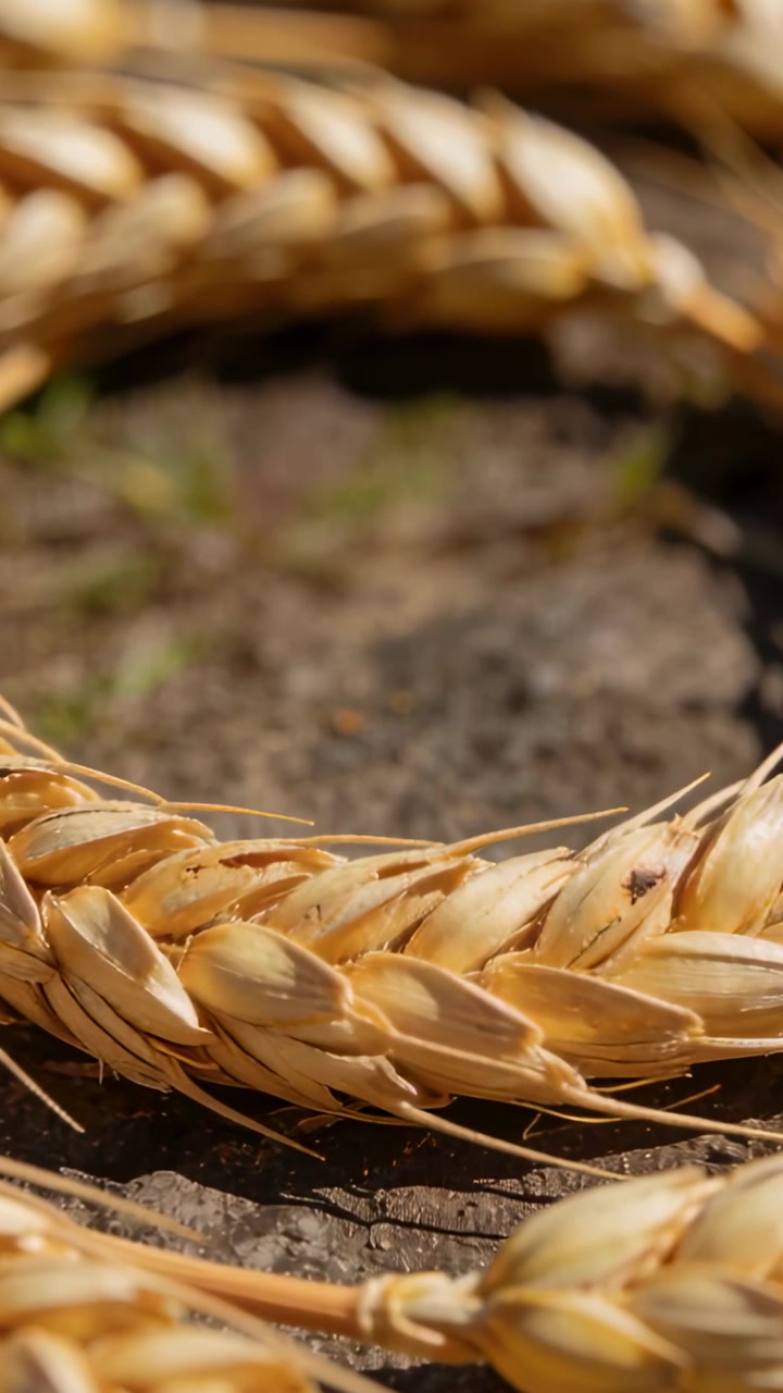 Video verticale: Obiettivo in panning che mette a fuoco una spiga di grano matura sul terreno con steli e muschio per i dettagli.