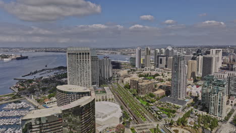 San-Diego-California-Aerial-v47-cinematic-flyover-embarcadero-marina-towards-core-columbia-capturing-waterfront-downtown-cityscape-with-bay-views-in-daytime---Shot-with-Mavic-3-Cine---September-2022