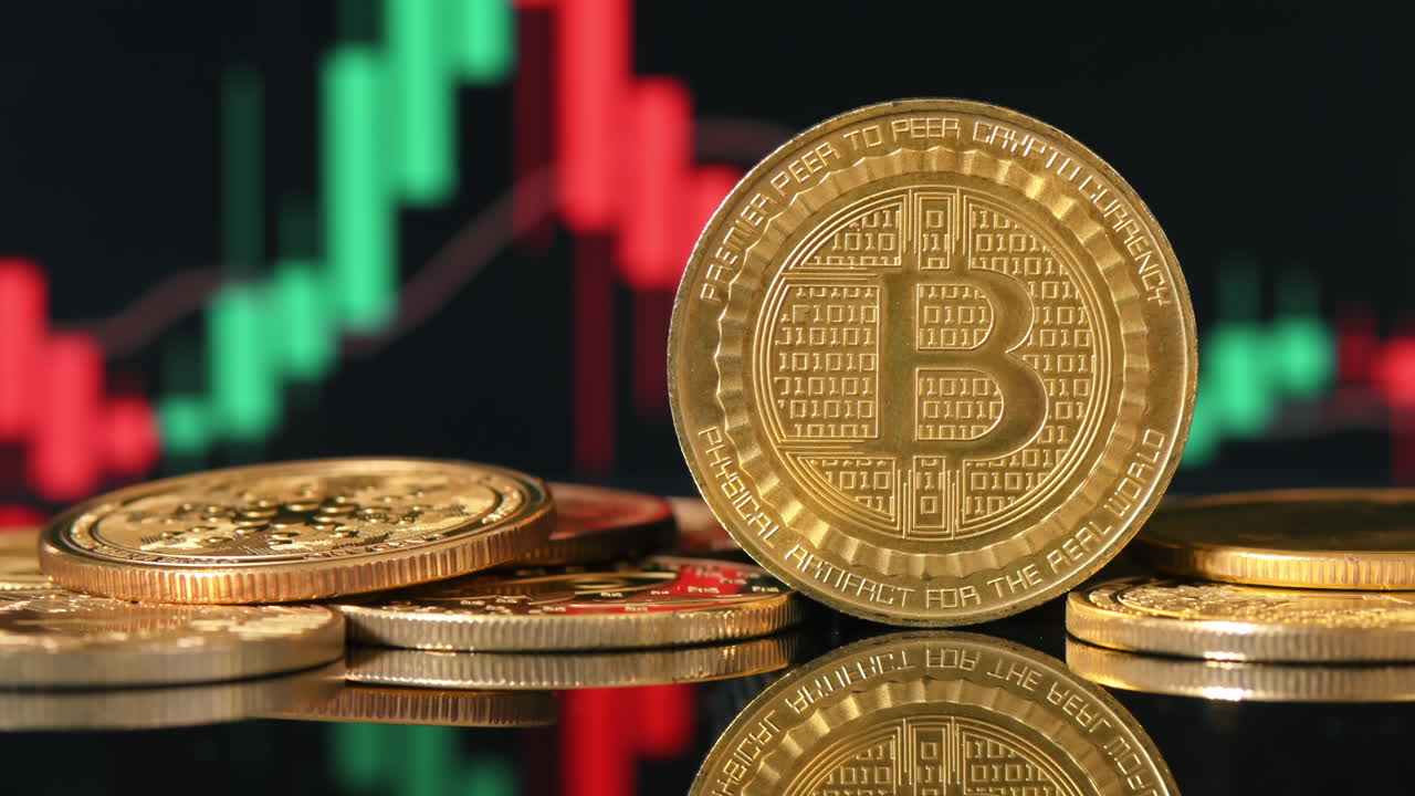 Close view of multiple physical Bitcoins with moving digital charts on the background