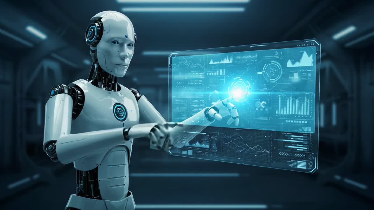 A Futuristic Robot Interacting with Advanced Holographic Display Technology in a High-Tech Sci-Fi Environment, Analyzing Data and Metrics with Precision