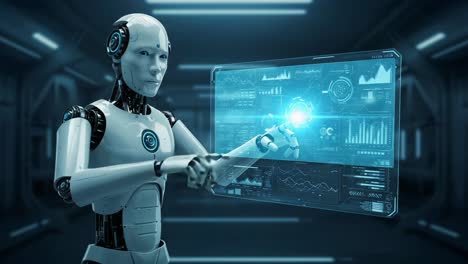 a futuristic robot interacting with advanced holographic display technology in a high-tech sci-fi environment, analyzing data and metrics with precision