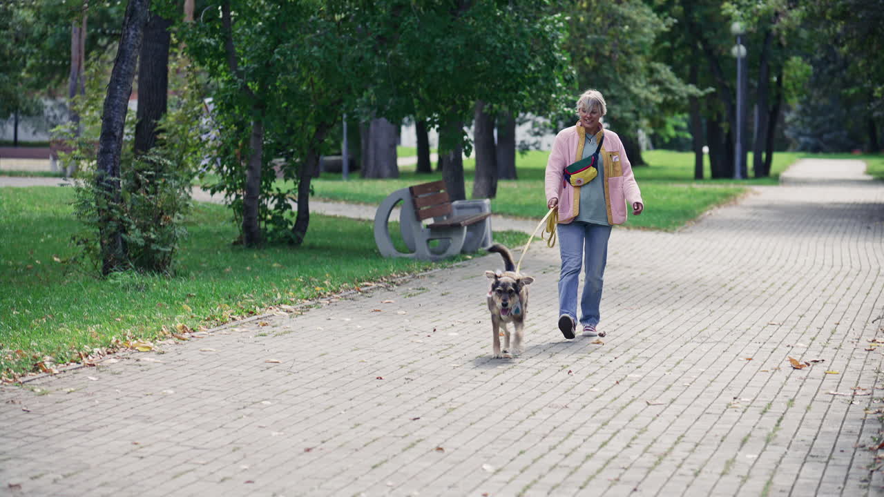 Woman Walking Dog on Leash along Paved Path in City Park
