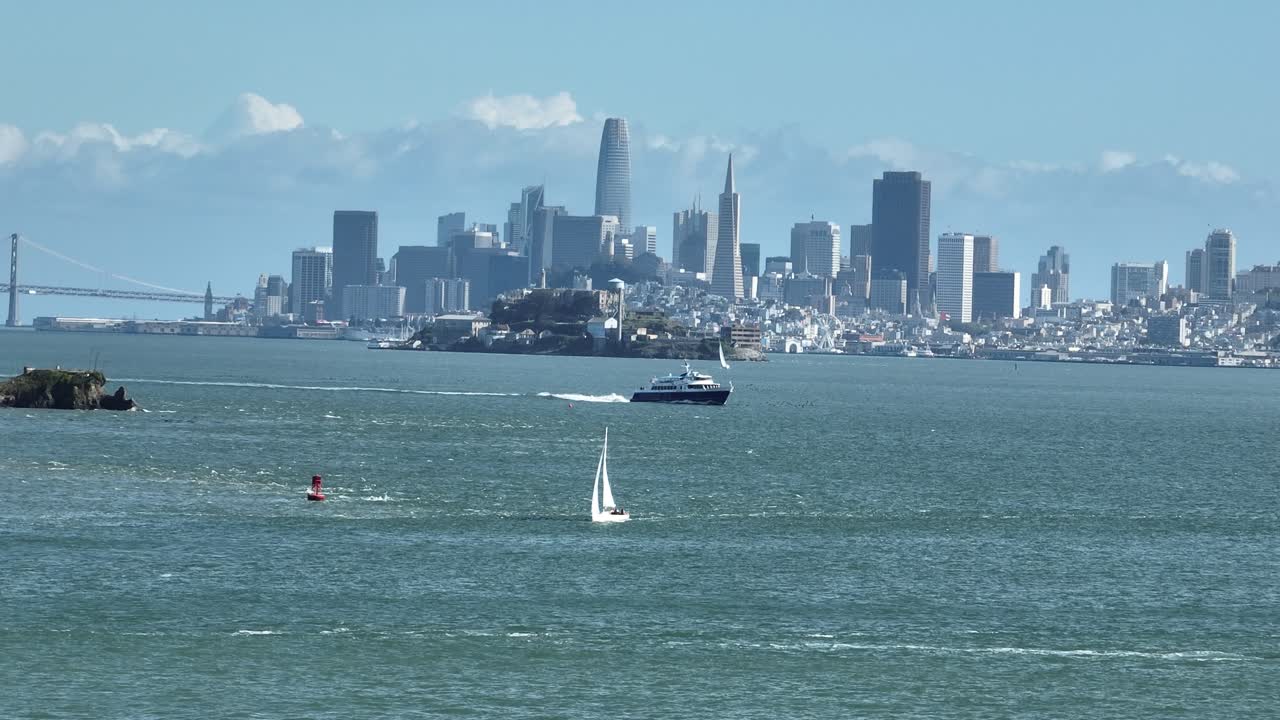 San Francisco Bay Ferry and Alcatraz with San Francisco City Skyline Background