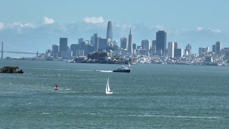 san francisco bay ferry and alcatraz with san francisco city skyline background
