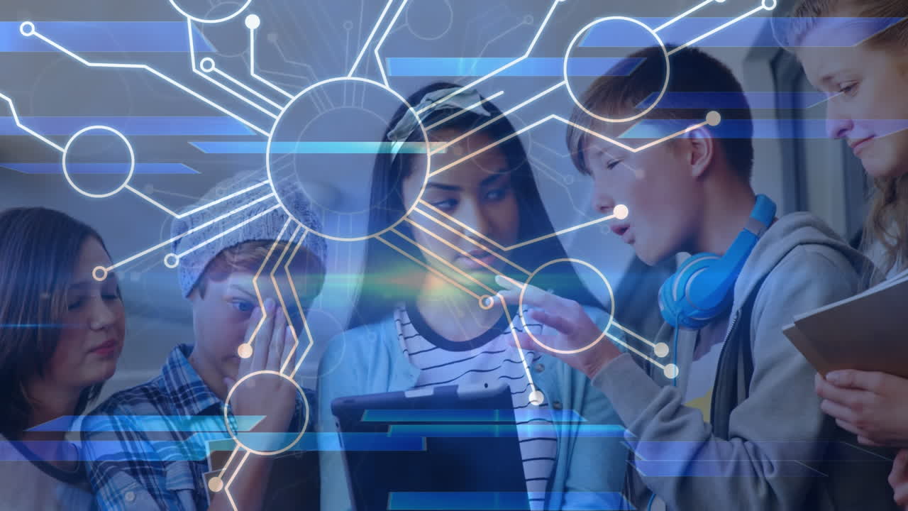 학교에서 태블릿을 사용하는 다양한 학생들의 연결 네트워크의 애니메이션