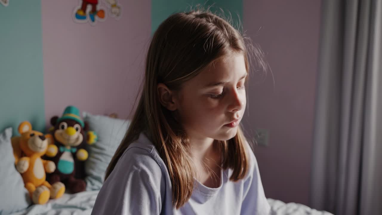Giovane ragazza pensierosa che legge un libro nella sua camera da letto