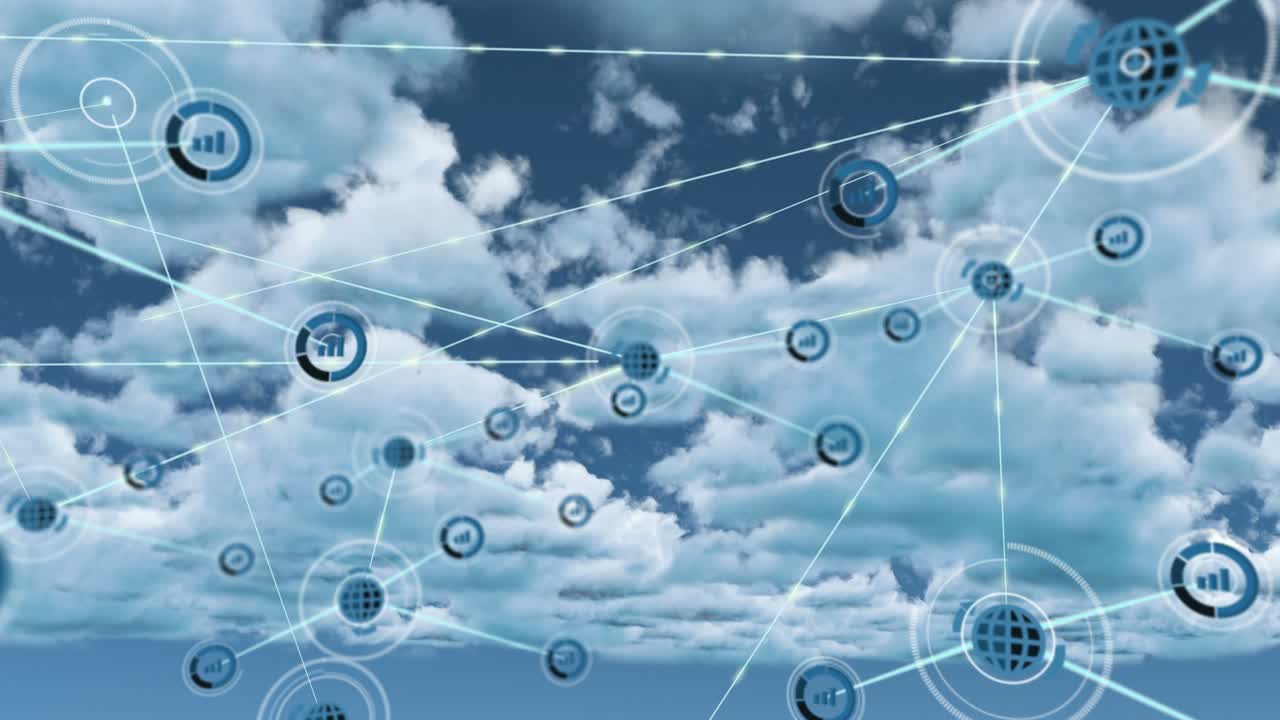 Animation of network of connections with icons over sky with clouds