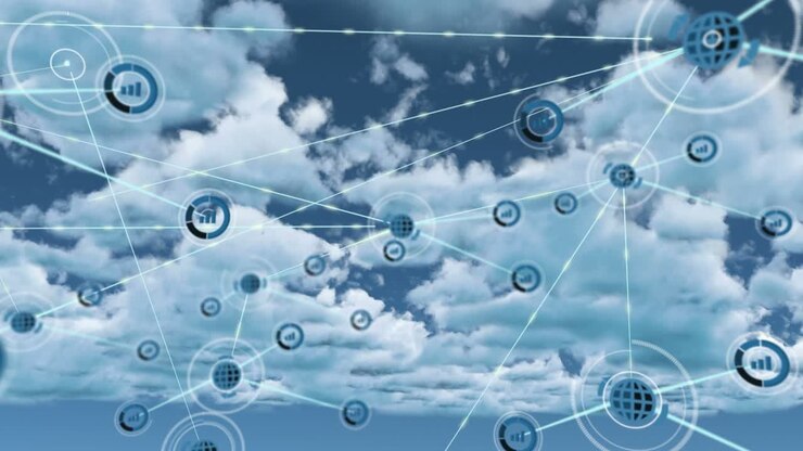 Animation of network of connections with icons over sky with clouds