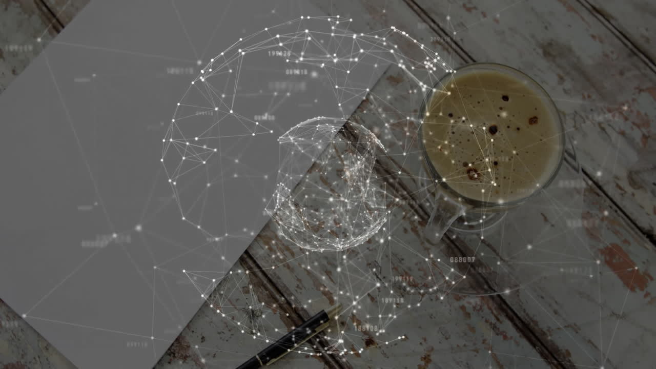 Animated digital network overlay showing glowing nodes above table beside paper, pen and coffee mug
