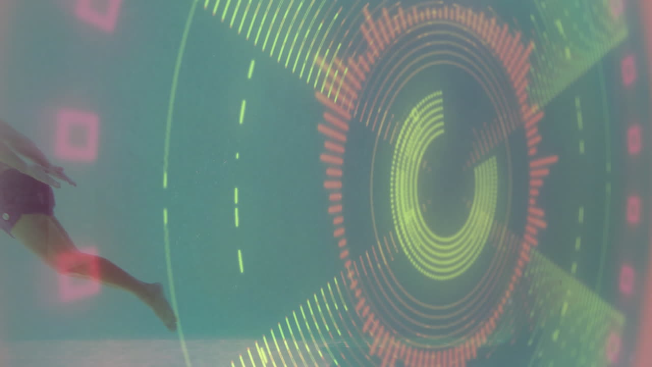 Underwater swimmer with animation overlaying digital data visualization in pool