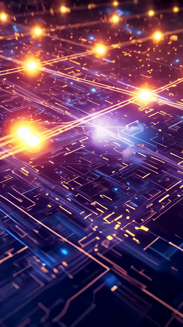 Vertical video: Starting clip showing glowing nodes pulsing on neon circuit, with bits and flares