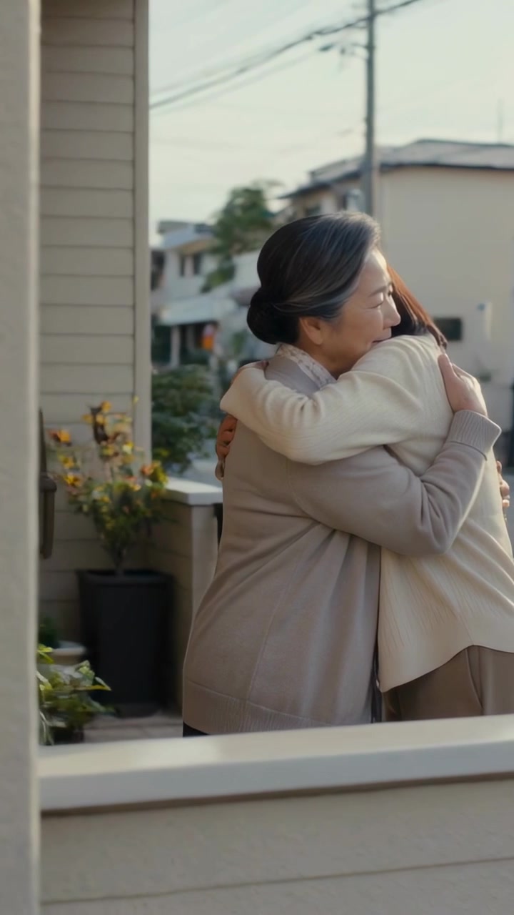 Video verticale: Post in movimento che mostra madre e figlia che si ricongiungono, abbracciandosi sul portico, con un maglione beige.
