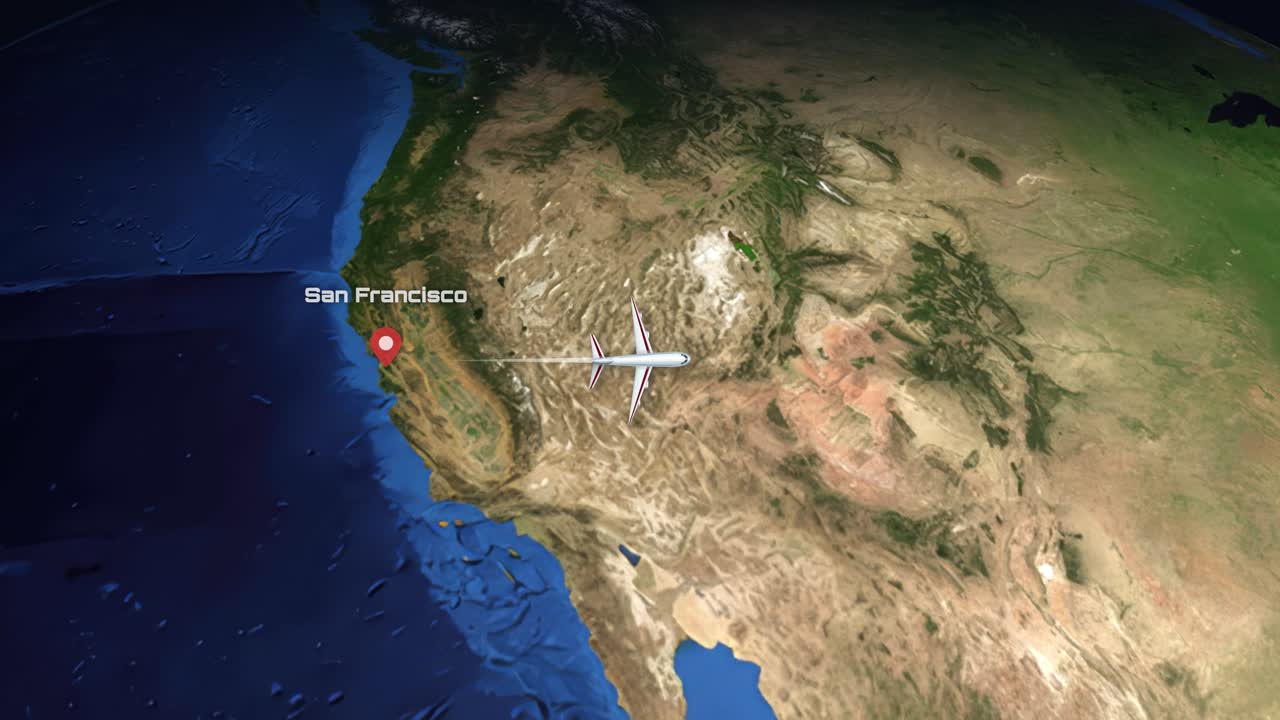 Satellite view animation follows an airplane flying across the United States from California to Georgia