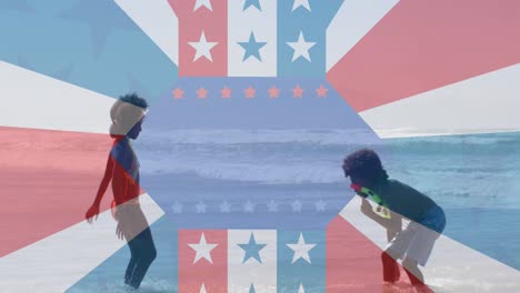 animation of flag of america over african american children playing in water at beach