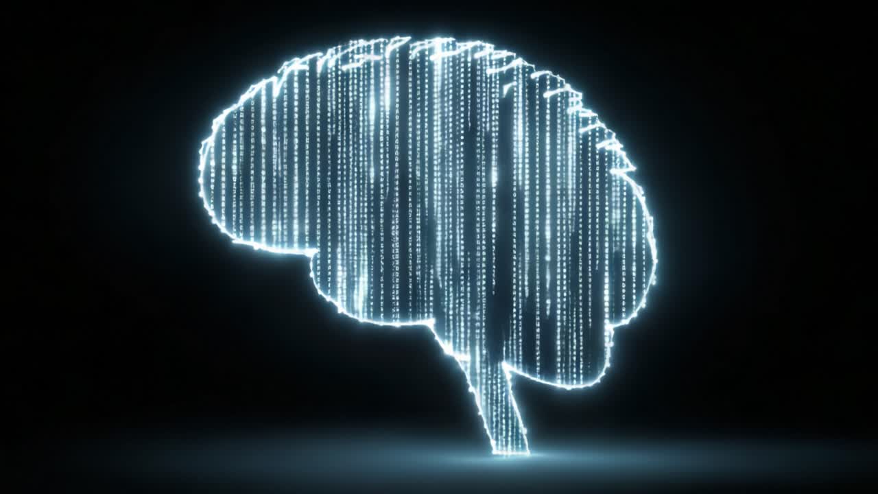 Digital representation of a human brain silhouette formed by glowing vertical lines of data, symbolizing concepts like artificial intelligence, machine learning, and neural network processing
